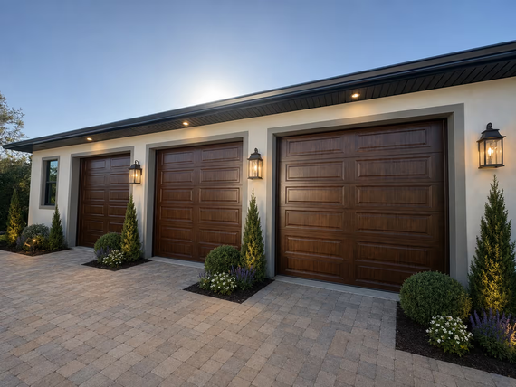 Modern house exterior with three wooden garage doors, lantern lights, and potted shrubs at dusk