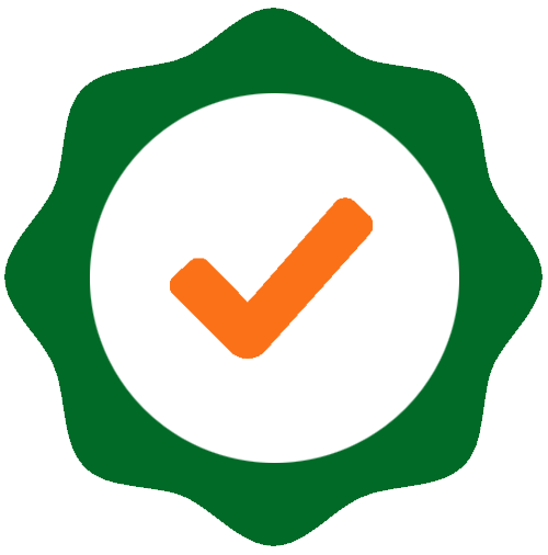 Green seal with orange checkmark icon