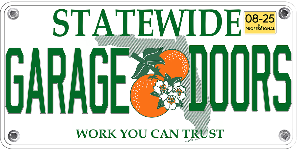 Statewide Garage Doors logo with green text and orange flower graphic on a white background
