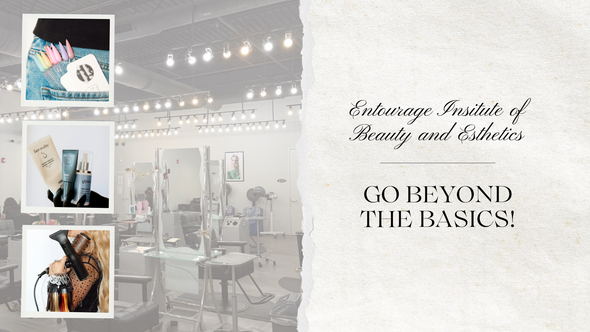 Beauty school interior with product and equipment displays, text: 