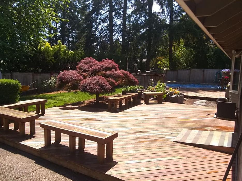 a wooden deck with benches and a tree in the background