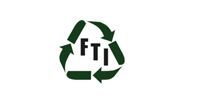 Green recycling symbol with black “FTI” letters in the center on a white background