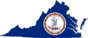 Virginia state flag superimposed on a blue outline of the state. The flag features a seal in a white circle.