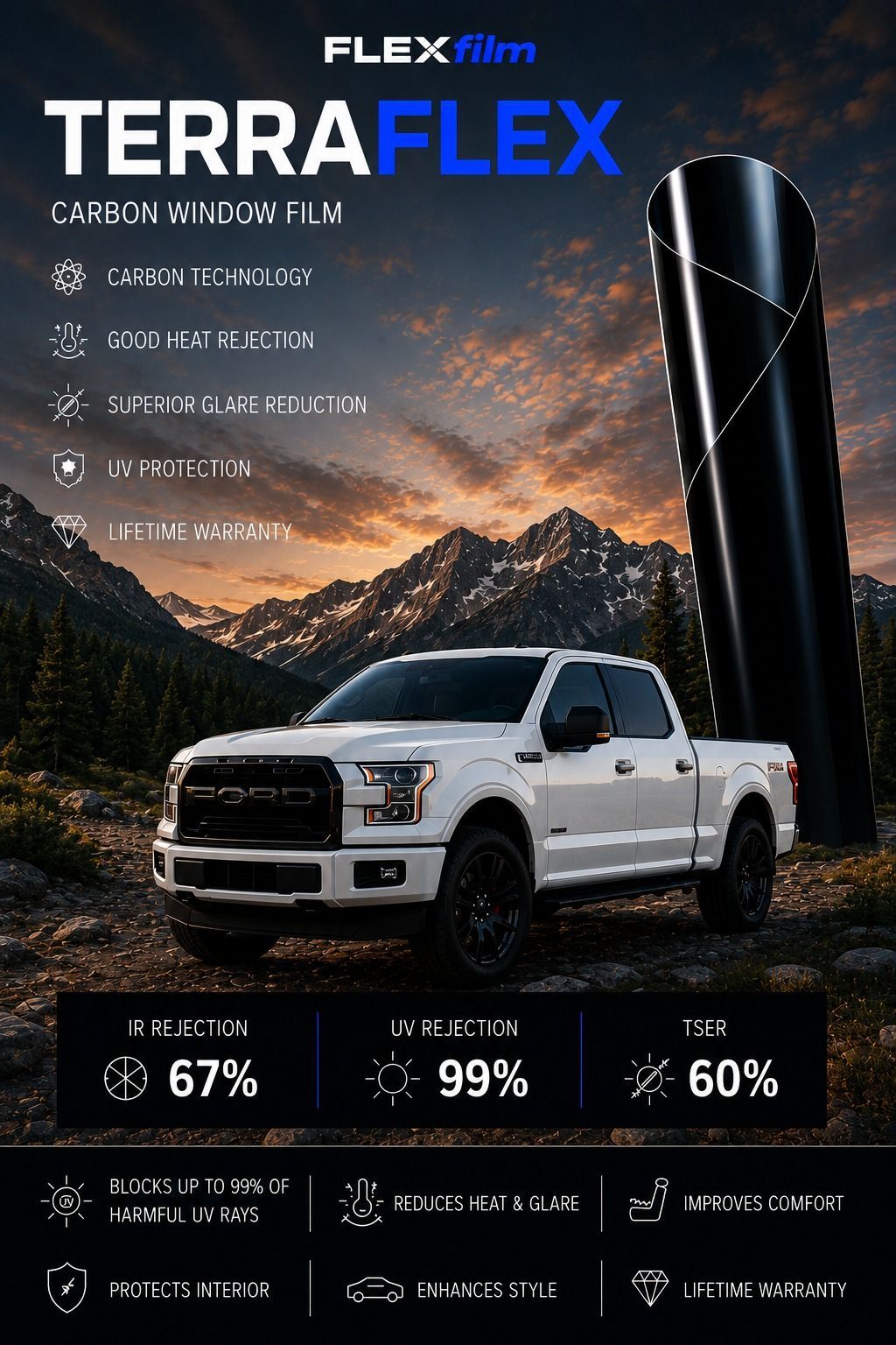 White pickup truck in snowy mountains beside black Flexfilm TerraFlex product ad with feature icons and percentages