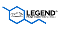 Logo for Legend Paint Protection Film featuring a blue hexagon outline containing a car icon with text to the right.