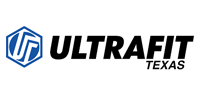 Logo for Ultrafit Texas featuring a blue hexagon containing a stylized white