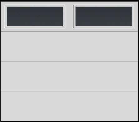 Gray garage door with two small rectangular windows near the top