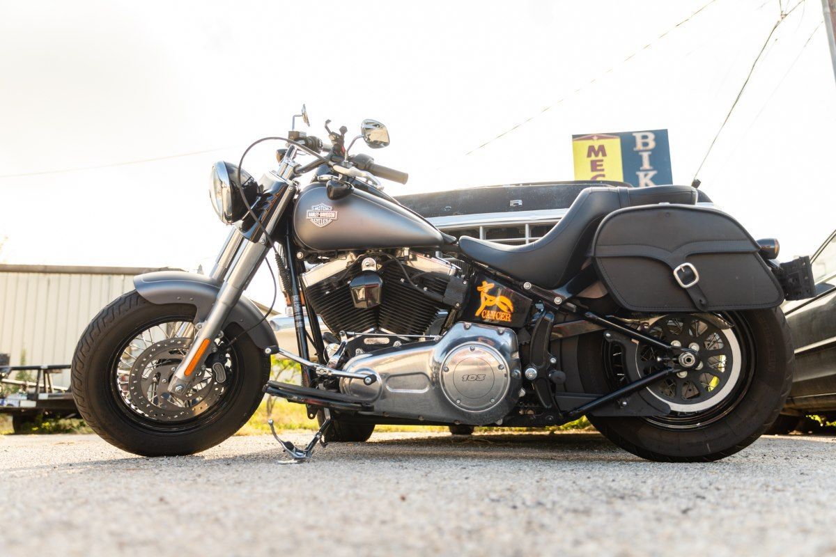 Gray Harley-Davidson motorcycle parked outside near a building. Black saddlebags are attached.