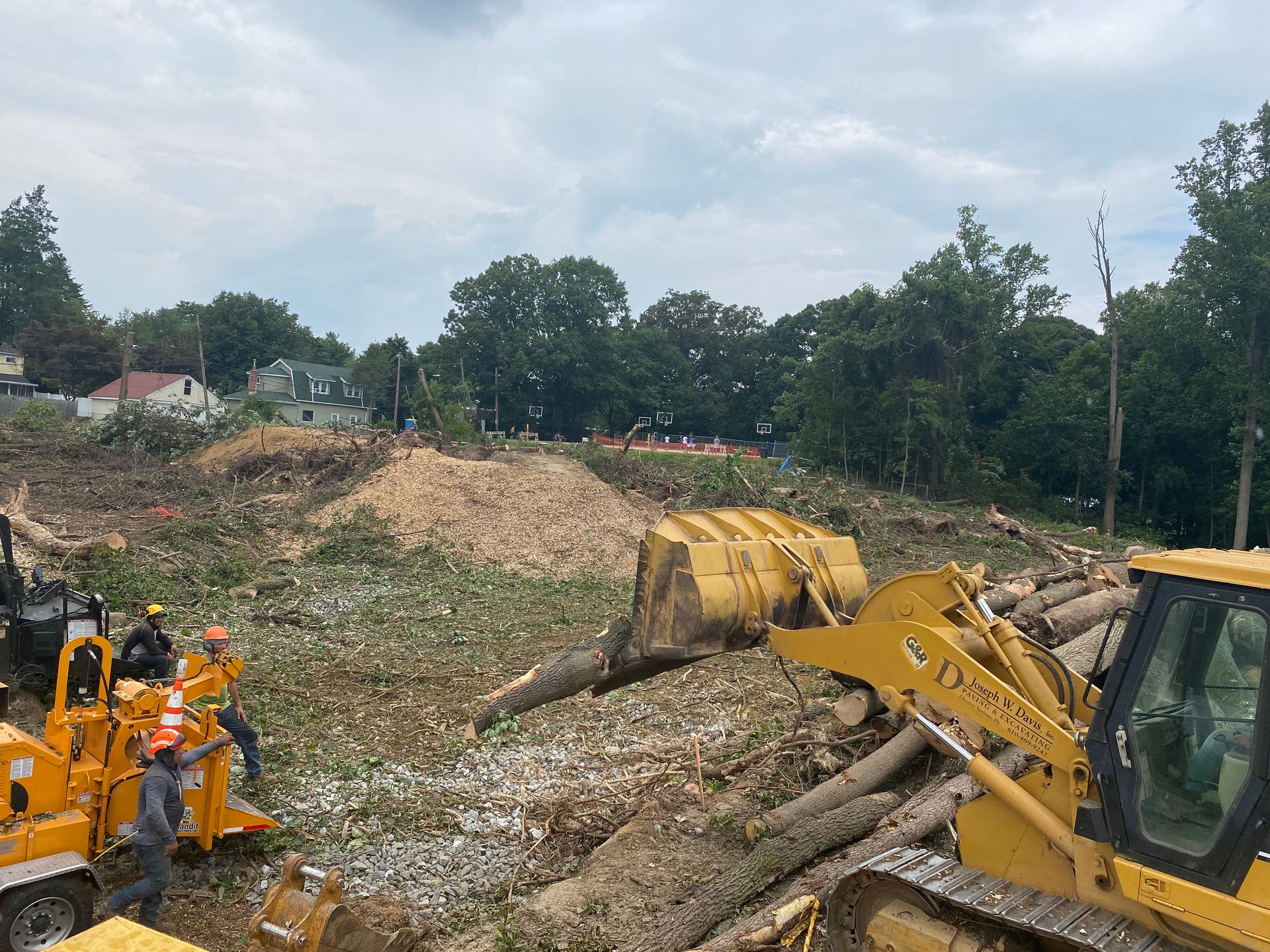 Construction site with heavy machinery, wood chips, and felled trees; workers in orange vests.