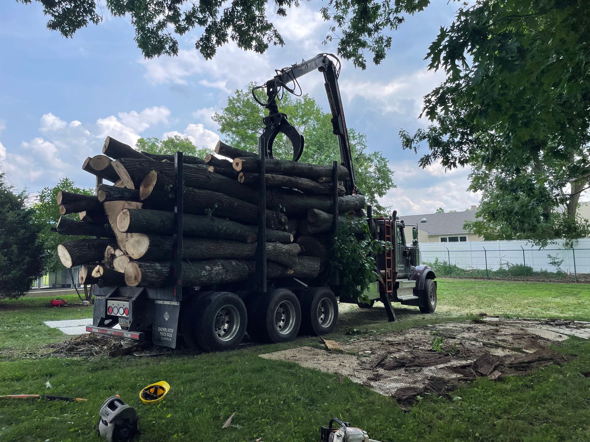 A truck loading logs with a crane on a grassy area; daytime.