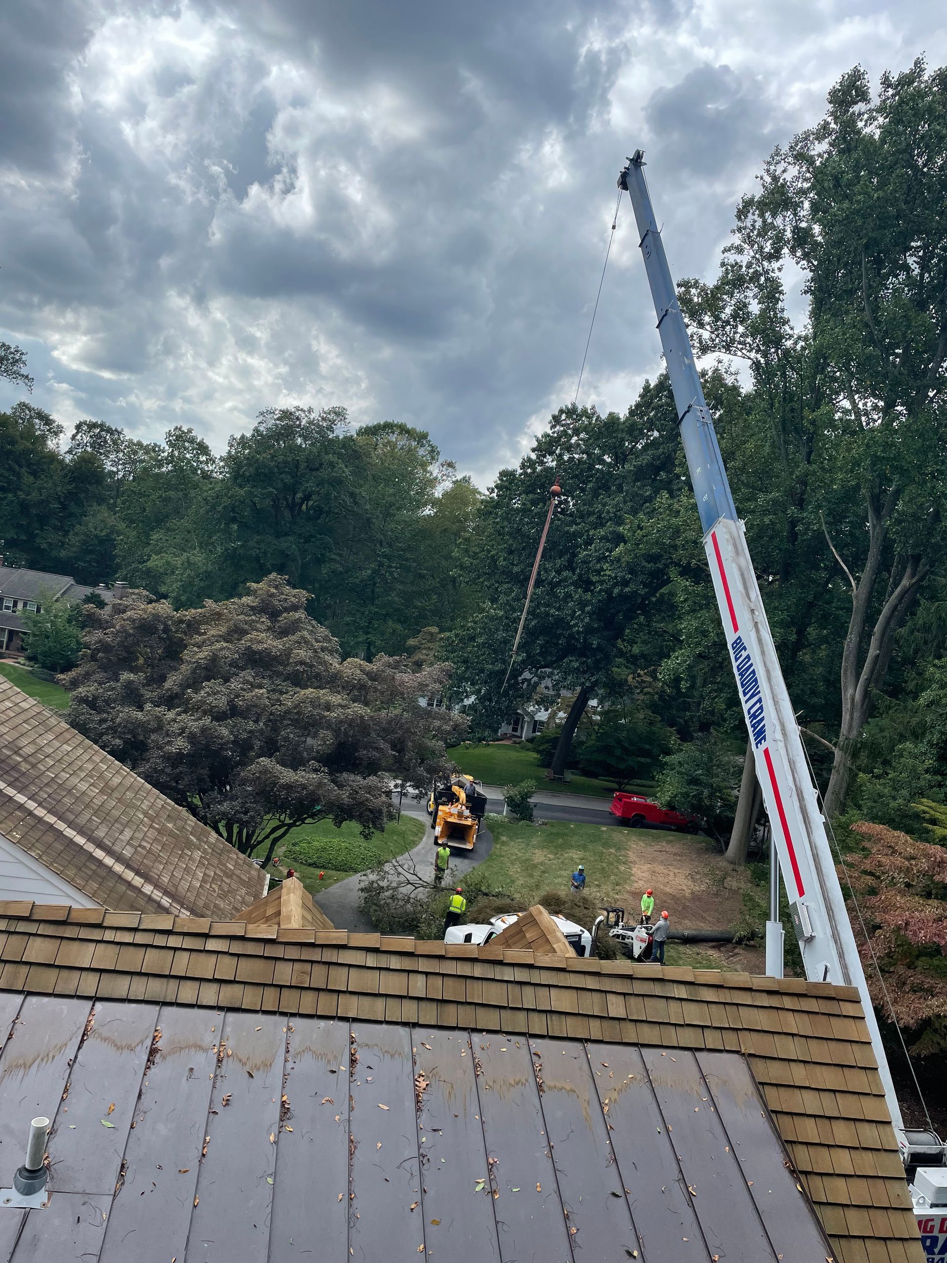 Crane over a roof, workers on the ground, trees in the background, cloudy sky.