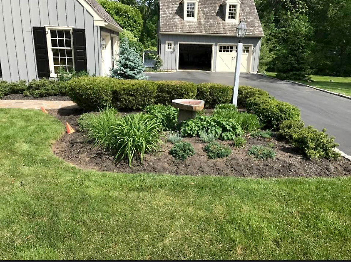 A landscaped garden bed with green plants, shrubs, and a stone birdbath in front of two gray-sided houses and a driveway.