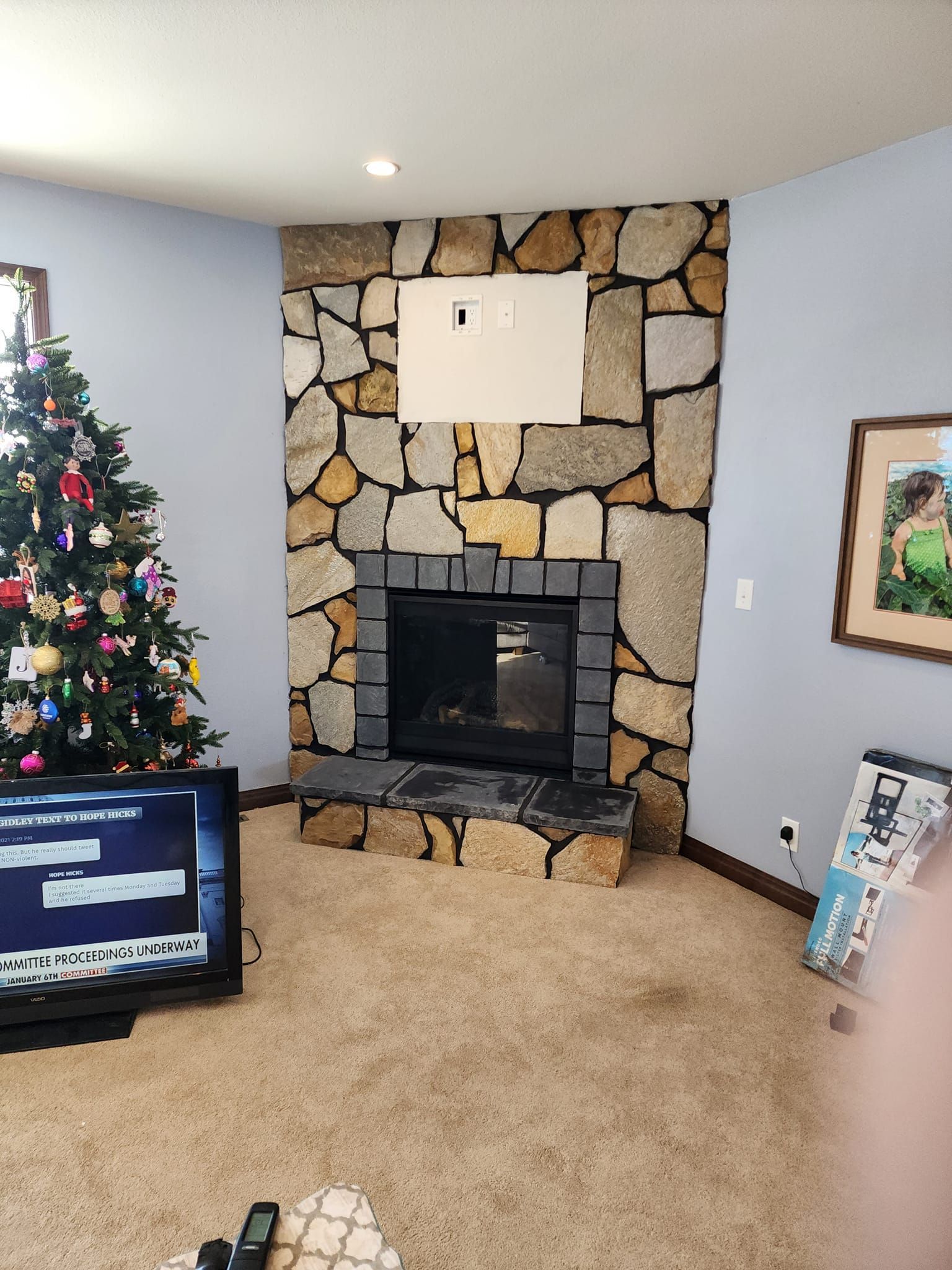a living room with a fireplace and a Christmas tree
