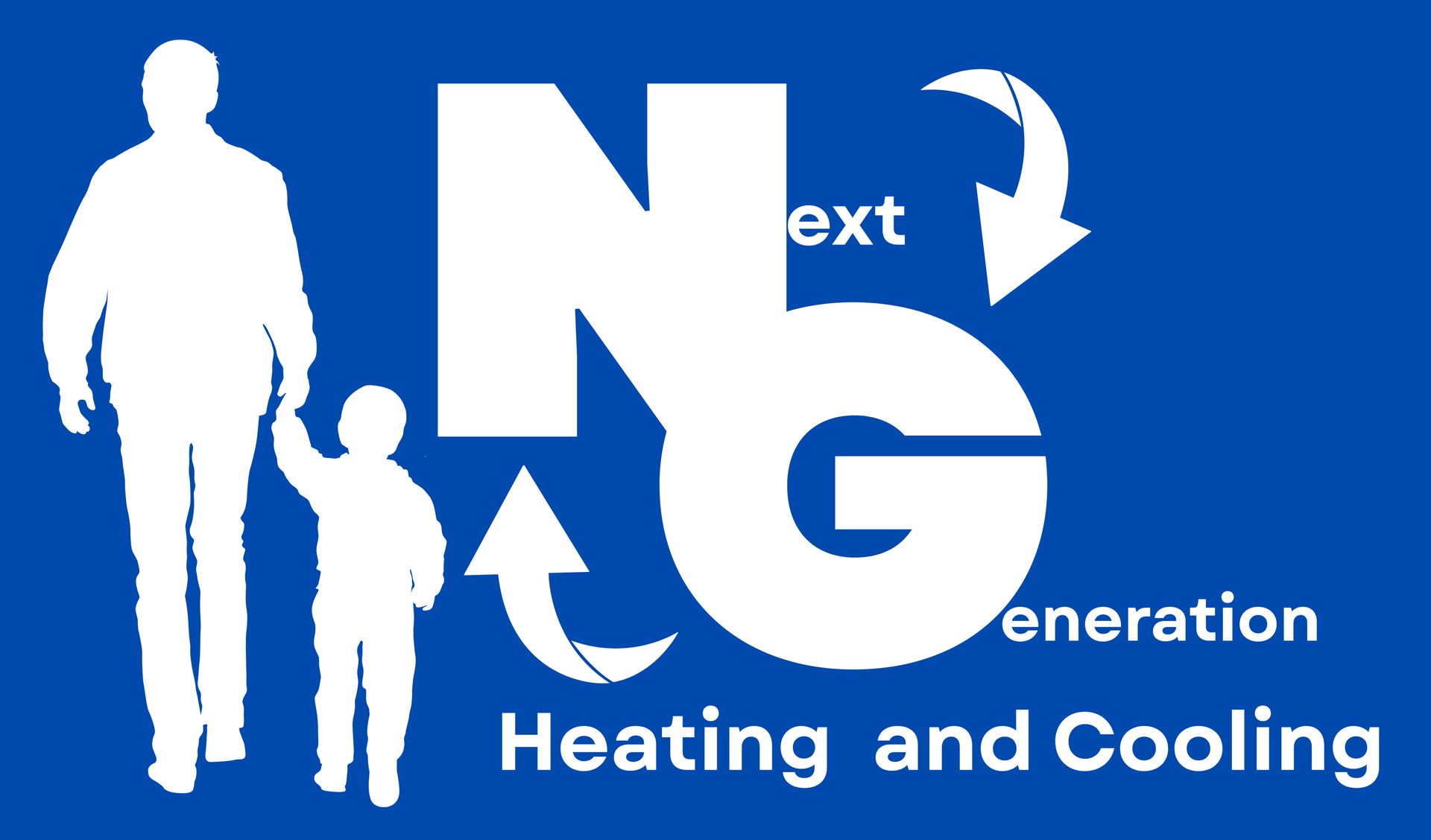 Blue logo for Next Generation Heating and Cooling with white silhouettes and large N and G letters, plus recycling arrows