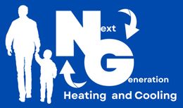 Blue logo for Next Generation Heating and Cooling with white silhouettes and large N and G letters, plus recycling arrows
