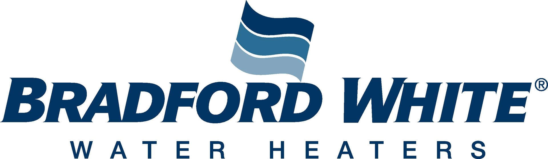 Bradford White Water Heaters logo in blue with wave graphic