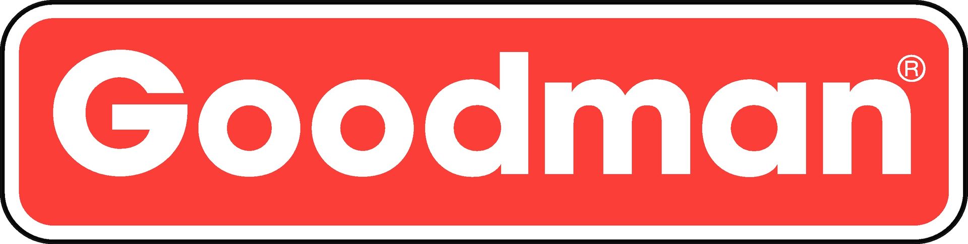 Goodman logo in white on a red rounded rectangle, outlined in black.