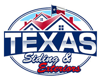 Texas Siding & Exteriors logo with red roofs, blue stars, and bold navy text