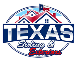 Texas Siding & Exteriors logo with red roofs, blue stars, and bold navy text