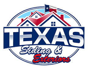 Texas Siding & Exteriors logo with red roofs, blue stars, and bold navy text
