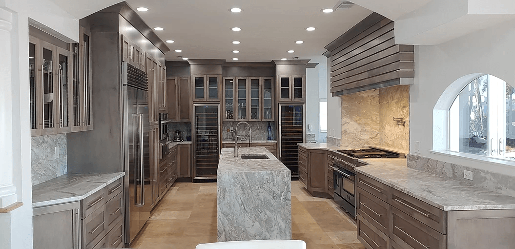 Kitchen with gray brown cabinets