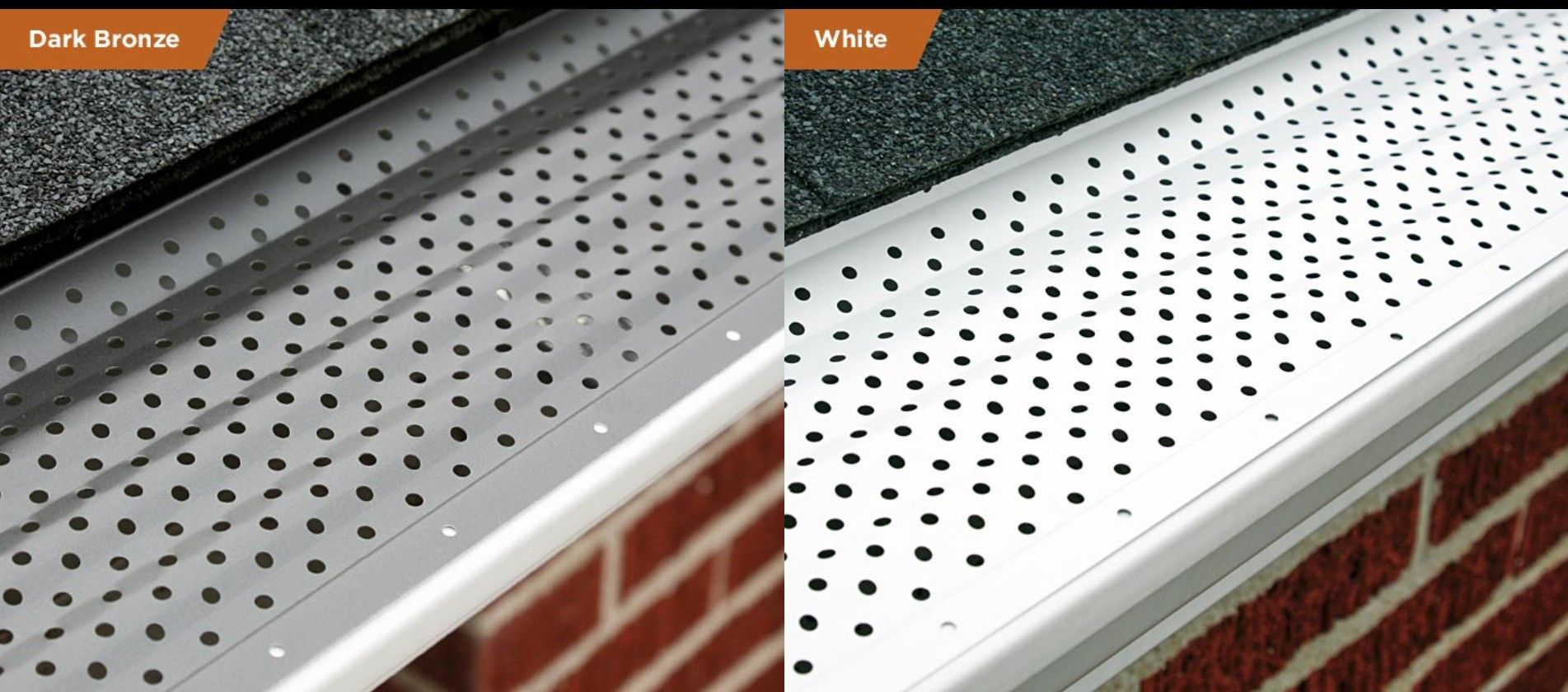 Side-by-side comparison of gutter guards in dark bronze and white installed on brick buildings.
