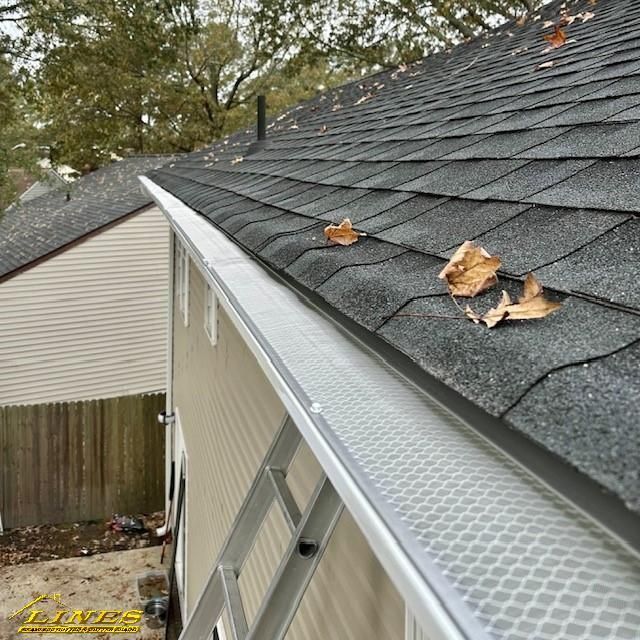 A roof with a gutter guard, with fallen leaves on the shingles. A ladder is leaning against the side of the house.