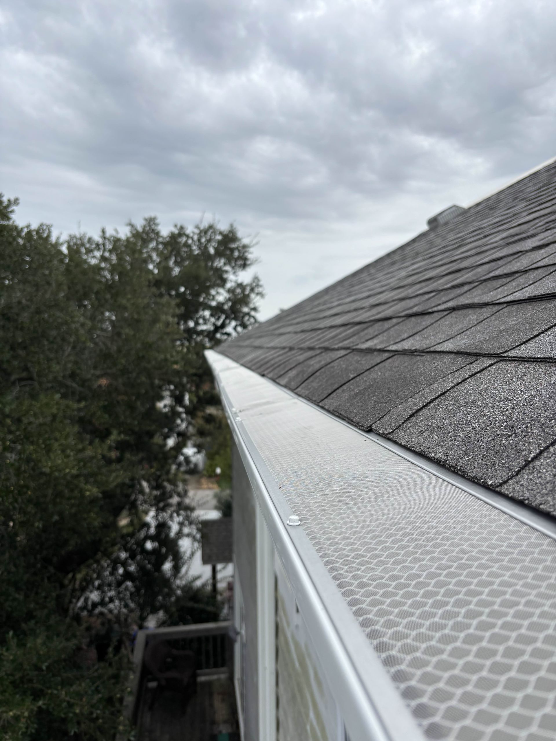 Ladder next to a house roof with installed solar panels. Person on the deck below.