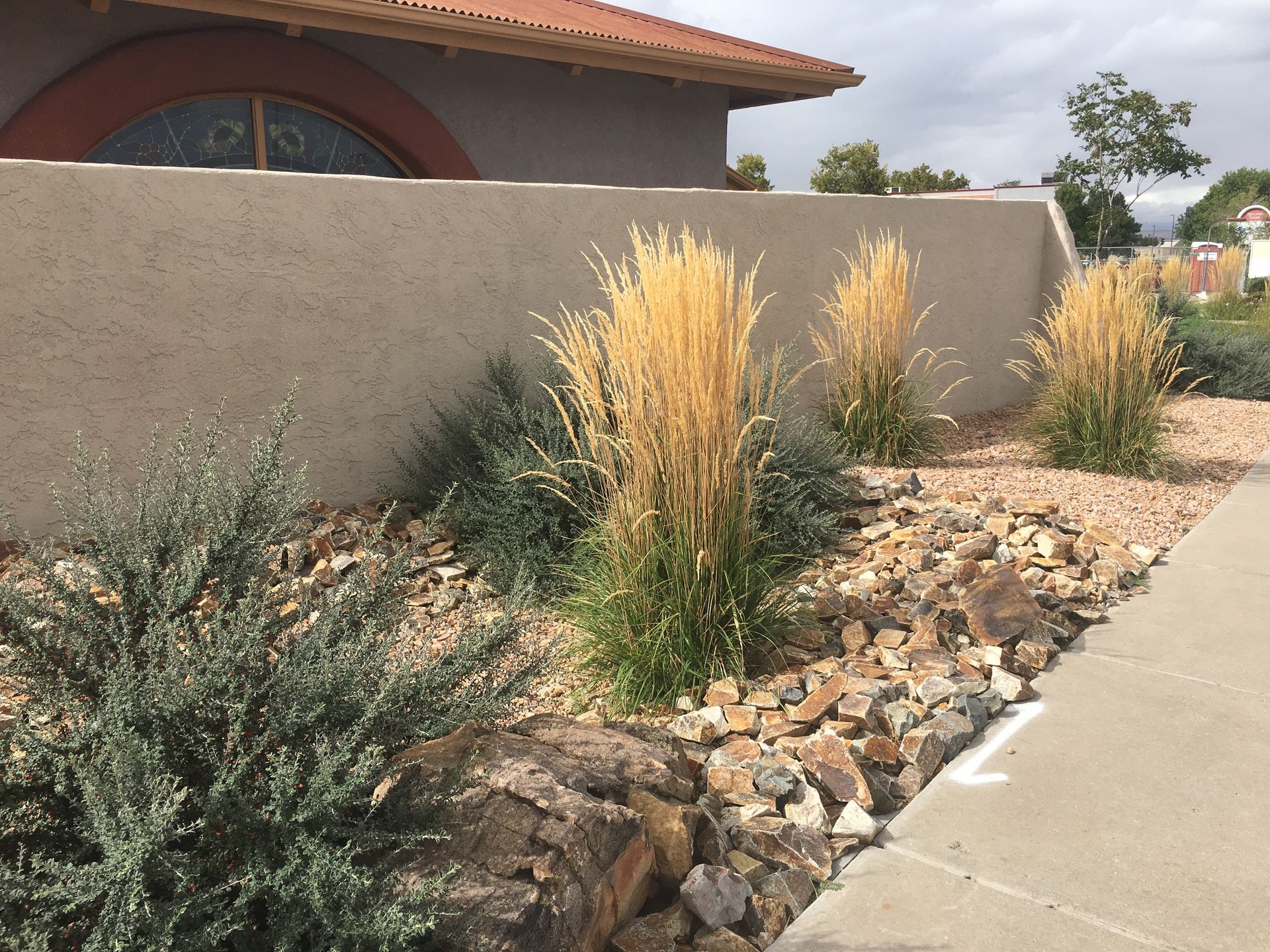 Landscape with tan stucco wall, ornamental grasses, rocks, and sidewalk.