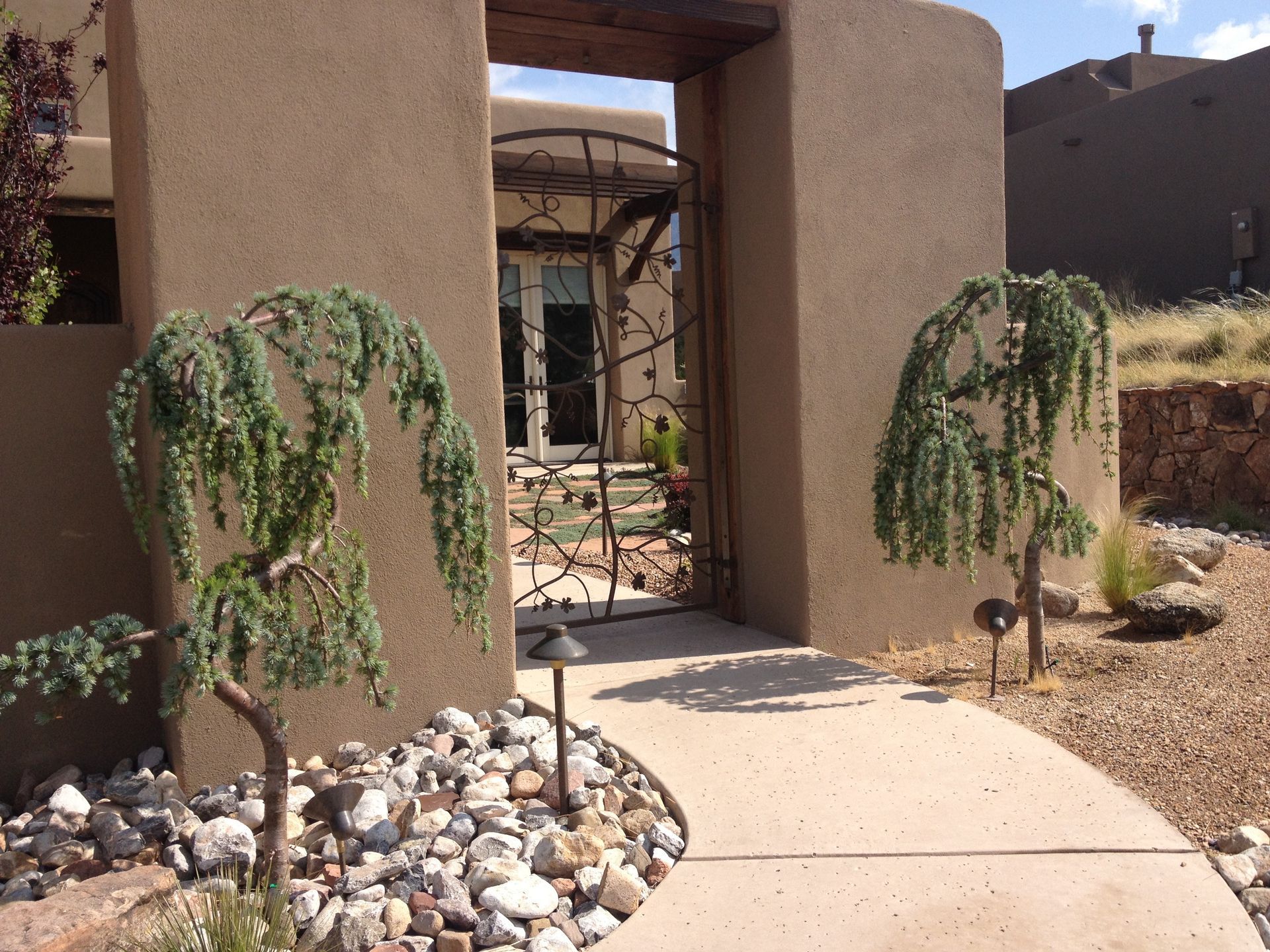 Entryway with two weeping trees, a decorative gate, and a curved walkway leading to a stucco building.