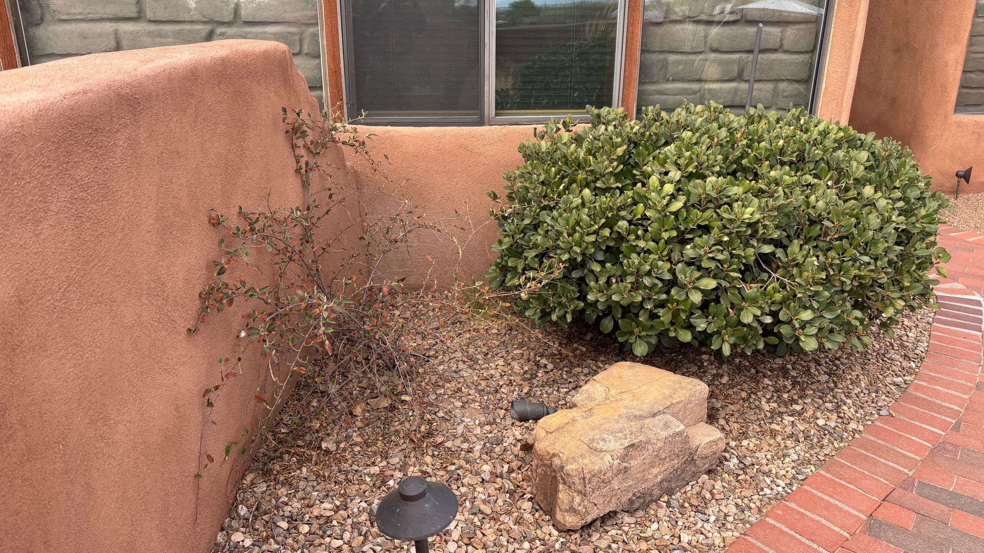 A stucco wall with a bush and gravel, a pathway, and a window in the background.