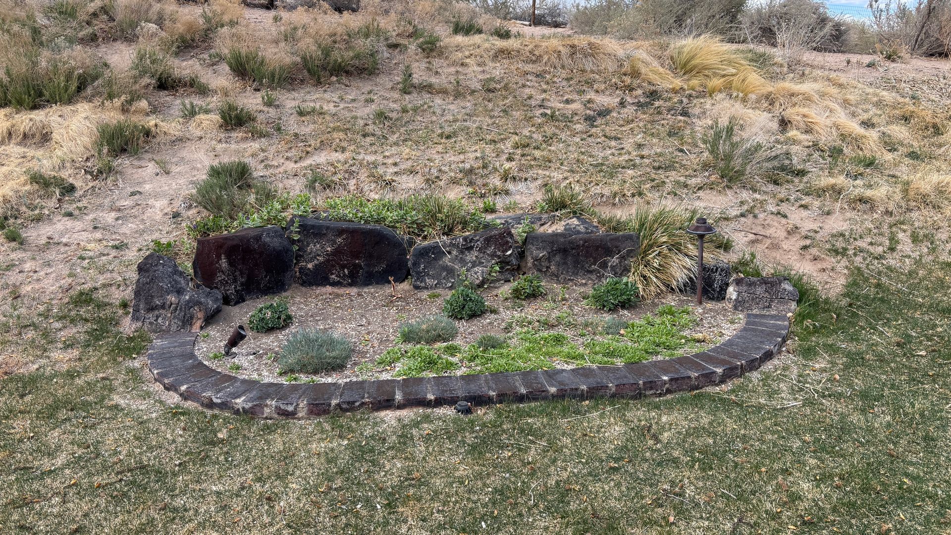Stone-bordered garden bed with various plants, surrounded by grass and a hillside.