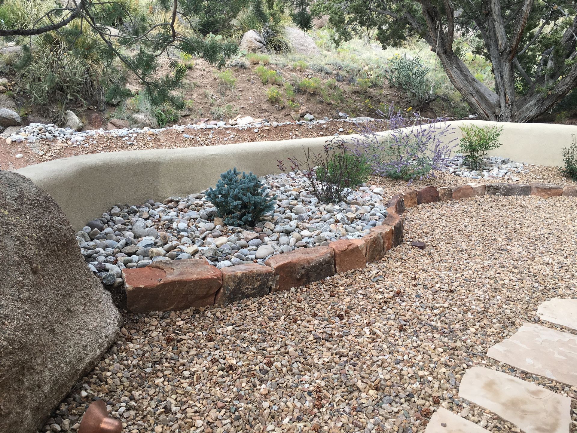 Landscaped garden bed with river rocks, brick border, and blue-green shrubs; gravel path.