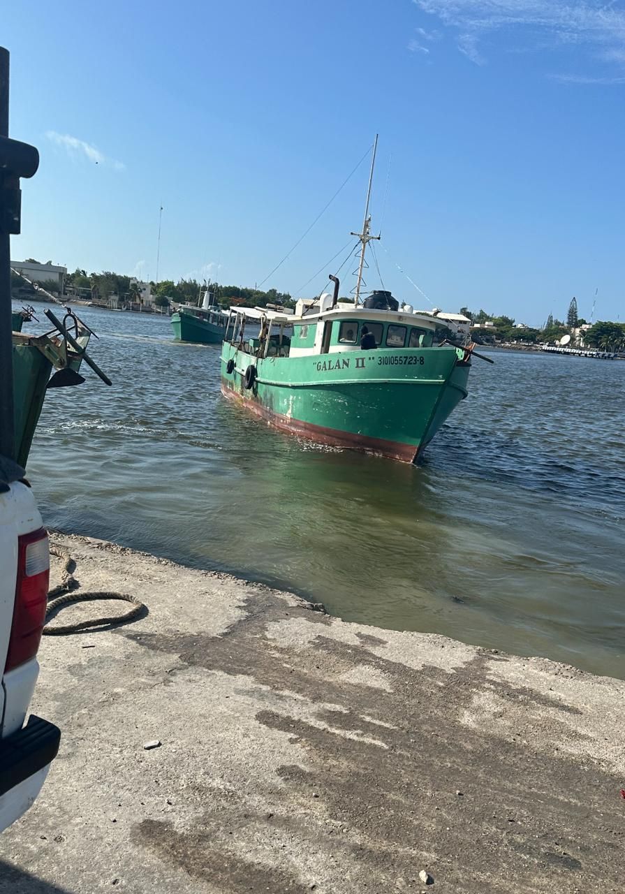 Green boat approaching a concrete dock on a sunny blue-water harbor