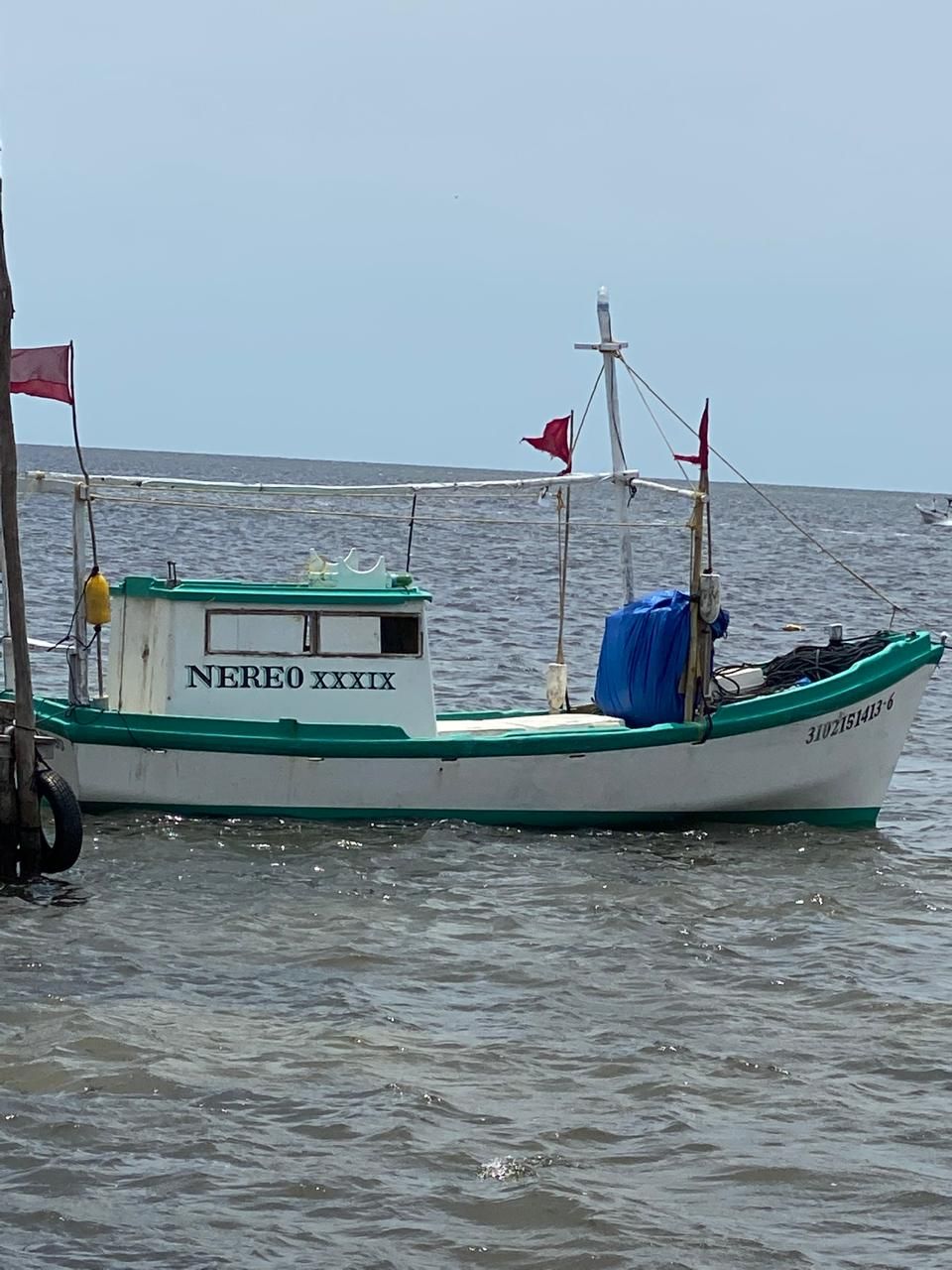 White fishing boat with red flags floating on choppy water under a clear sky.