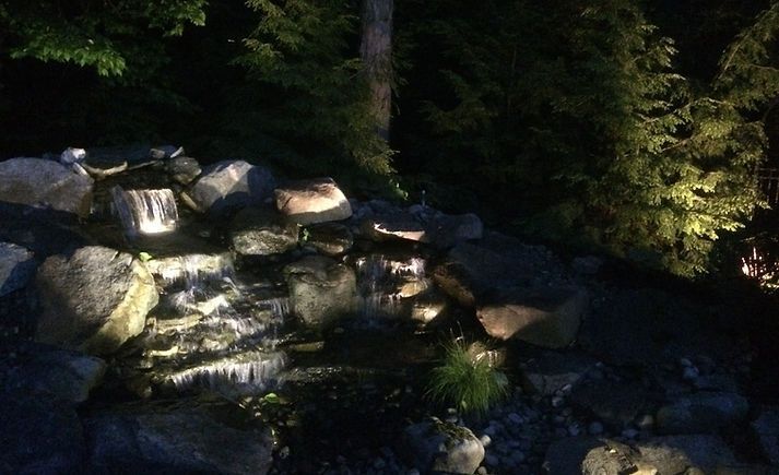 a waterfall is lit up at night in the middle of a forest