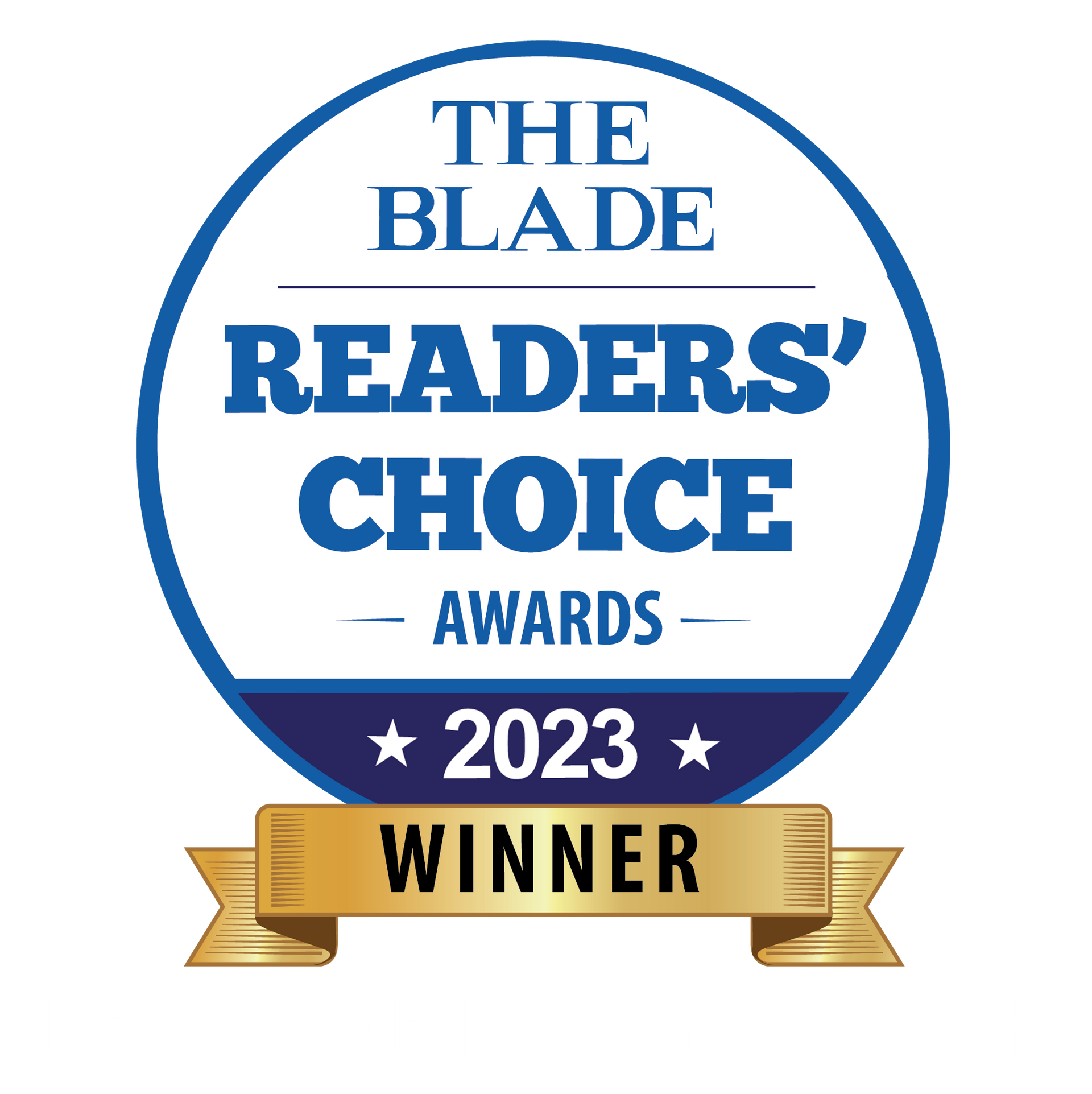The Blade Readers' Choice Award 2023 Winner badge: blue circle with text and gold ribbon.