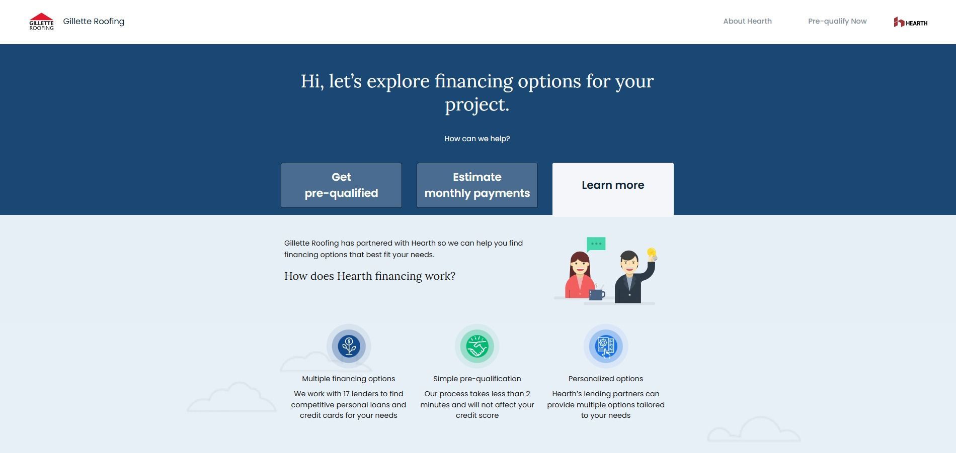 A webpage showing financing options with icons for flexible terms, instant approval, and no hidden fees.