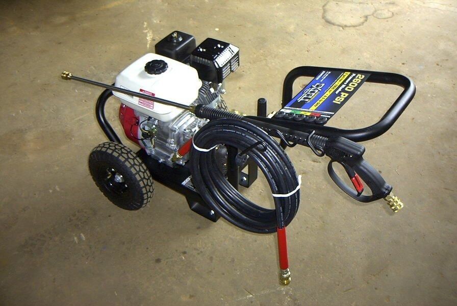 Gas-powered pressure washer with black frame, red engine, black hose, and handle.