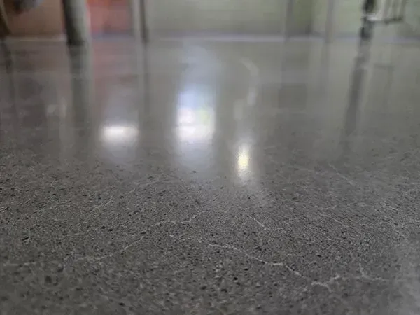 Close-up of a polished, gray concrete floor with reflections of a bright room.