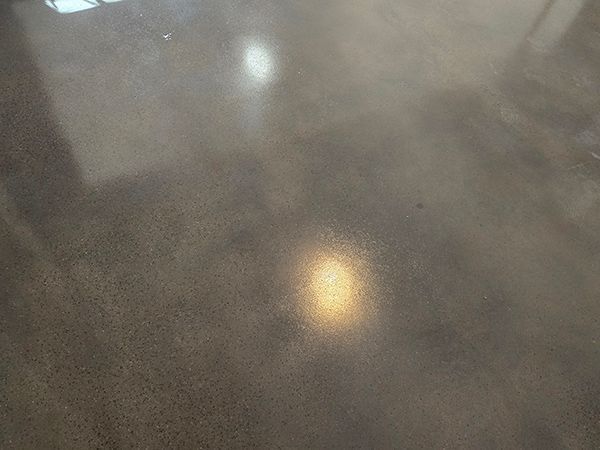 Polished, brown concrete floor reflecting light.