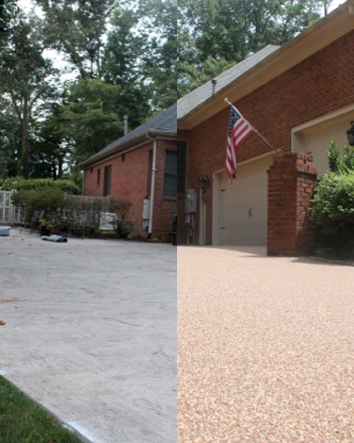 Half-and-half view of a driveway. The left is dull concrete, and the right is a tan pebble finish. Brick house.