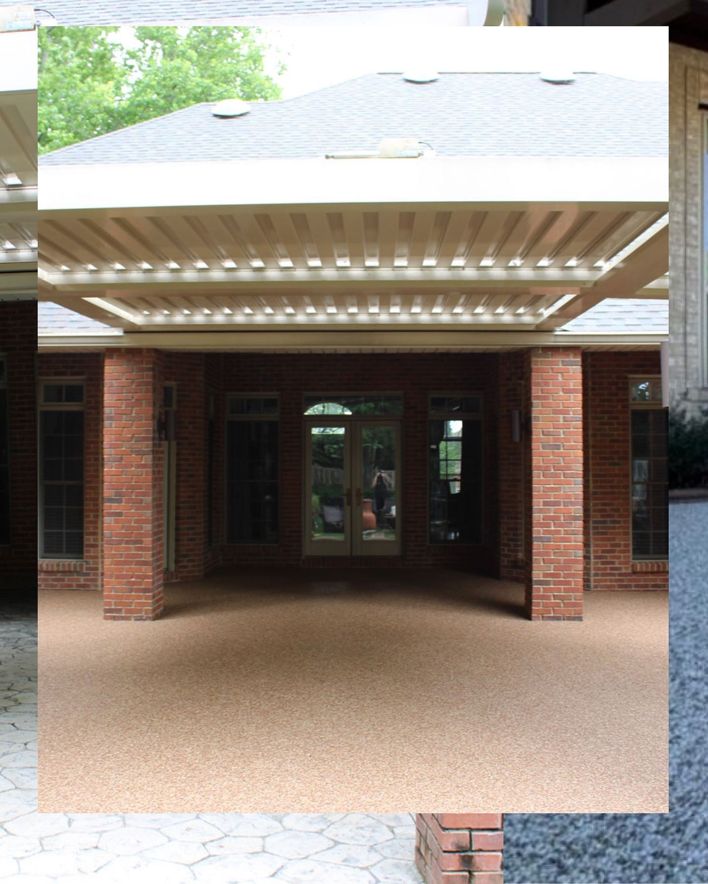 Covered outdoor patio with brick columns and ceiling, red-brown speckled floor, with glass doors leading inside.