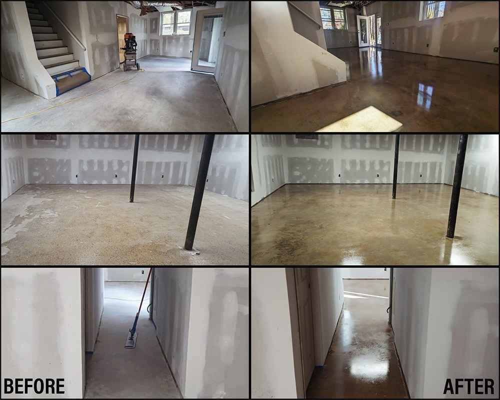 Before-and-after of a room's concrete floor. The 