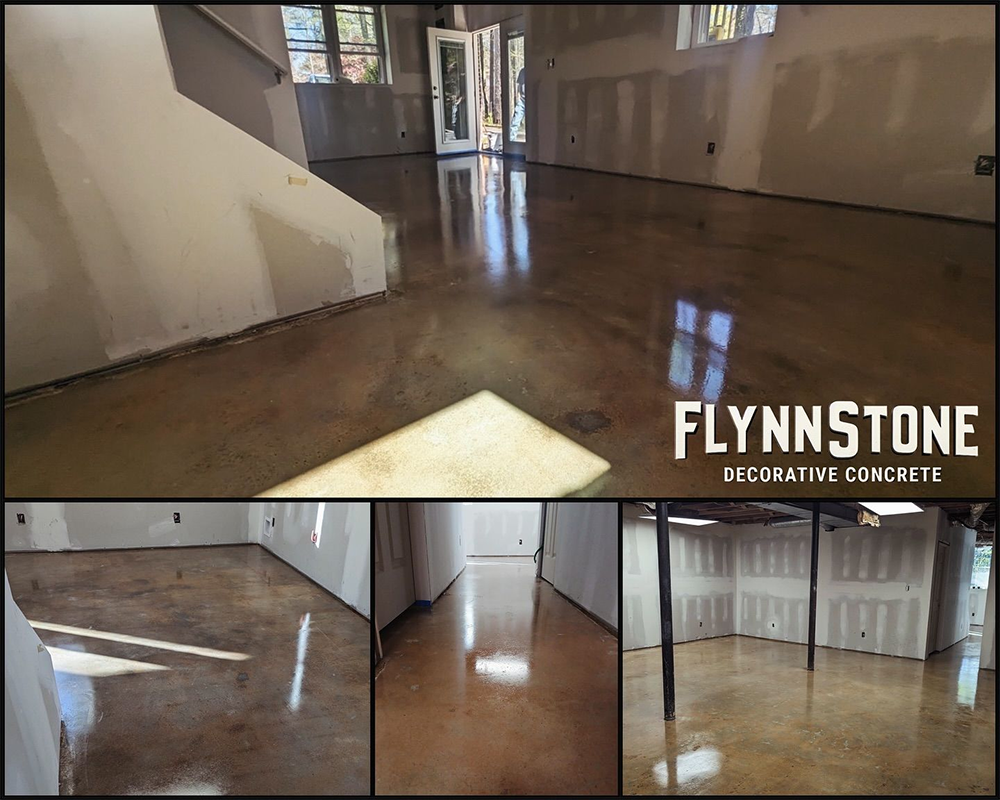 Polished concrete floors in a home, showcasing Flynnstone Decorative Concrete. The floors reflect light in various rooms.