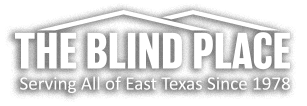 Logo for The Blind Place, with tagline &ldquo;Serving All of East Texas Since 1978&rdquo; in white on gray background