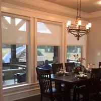 Dining room with dark wood table, chandelier, and large windows overlooking a patio.