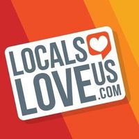 Locals Love Us logo on an orange-red background with a heart icon and tilted white signboard.