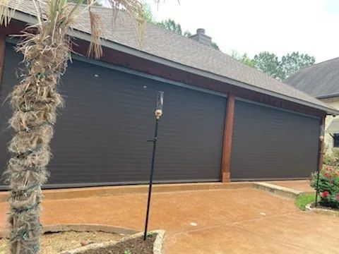 Driveway with a closed garage, black doors, and a palm tree in the foreground.
