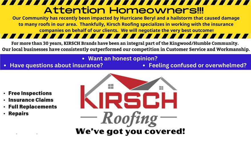 A poster for kirsch roofing that says attention homeowners